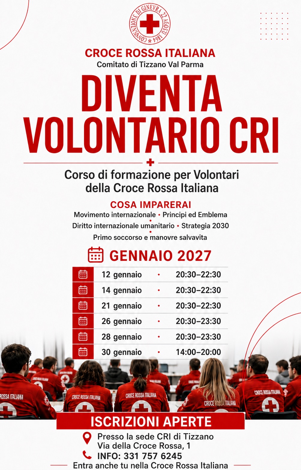 Locandina del corso per nuovi volontari CRI di Tizzano Val Parma, gennaio 2027